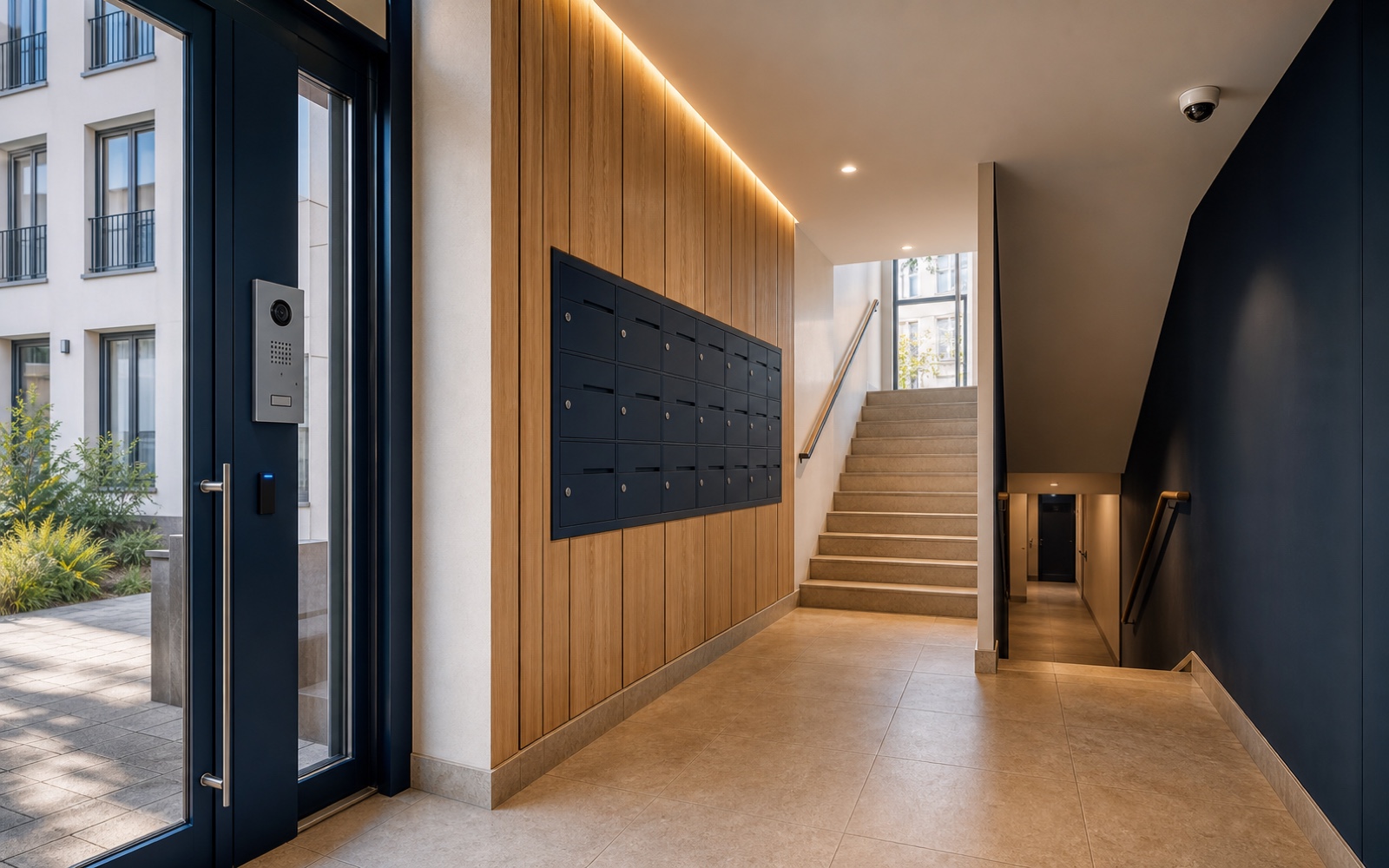 Hall d'entrée d'un immeuble résidentiel moderne, exemple de configuration régie