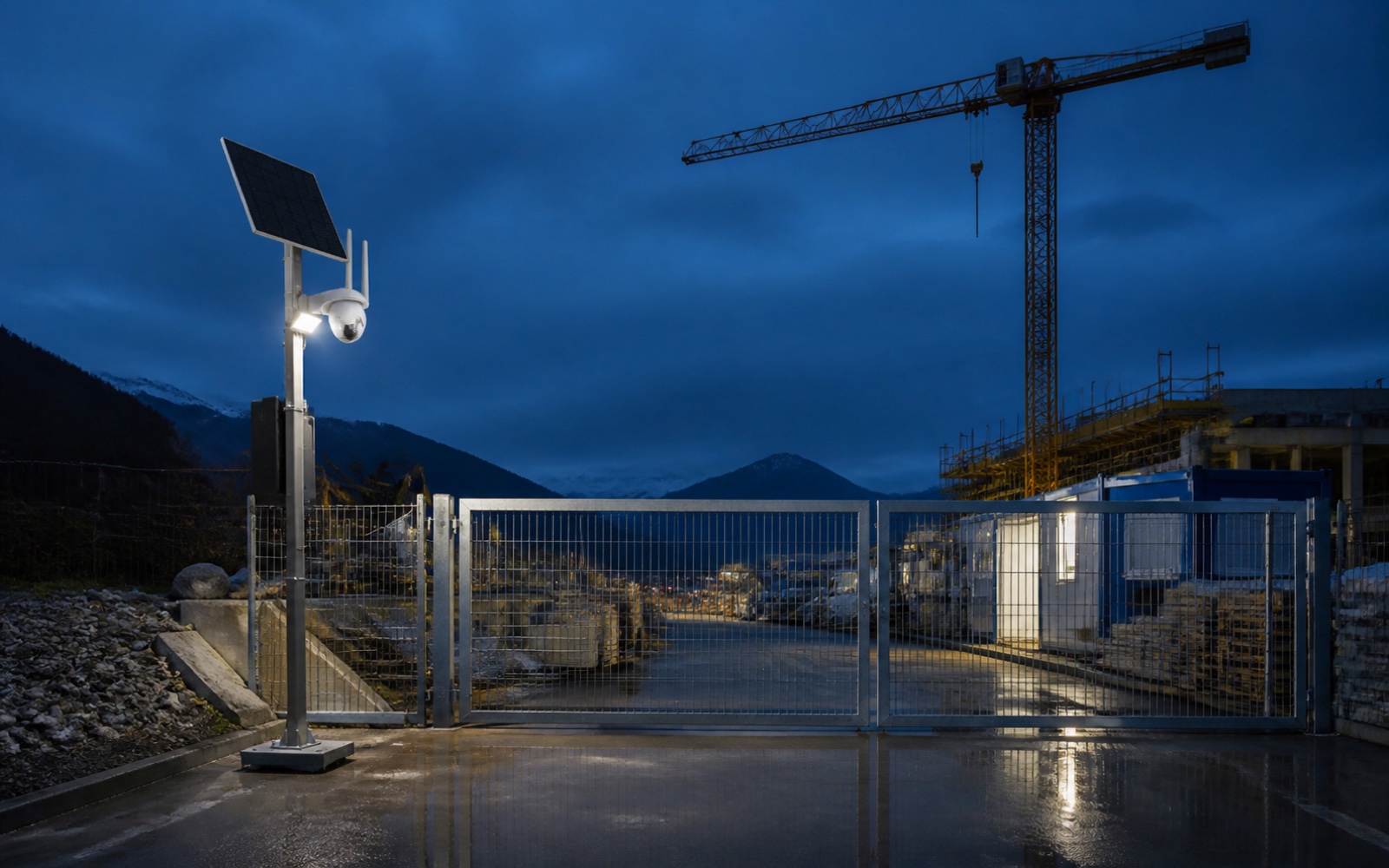 Chantier de construction avec grues, exemple de configuration site isolé