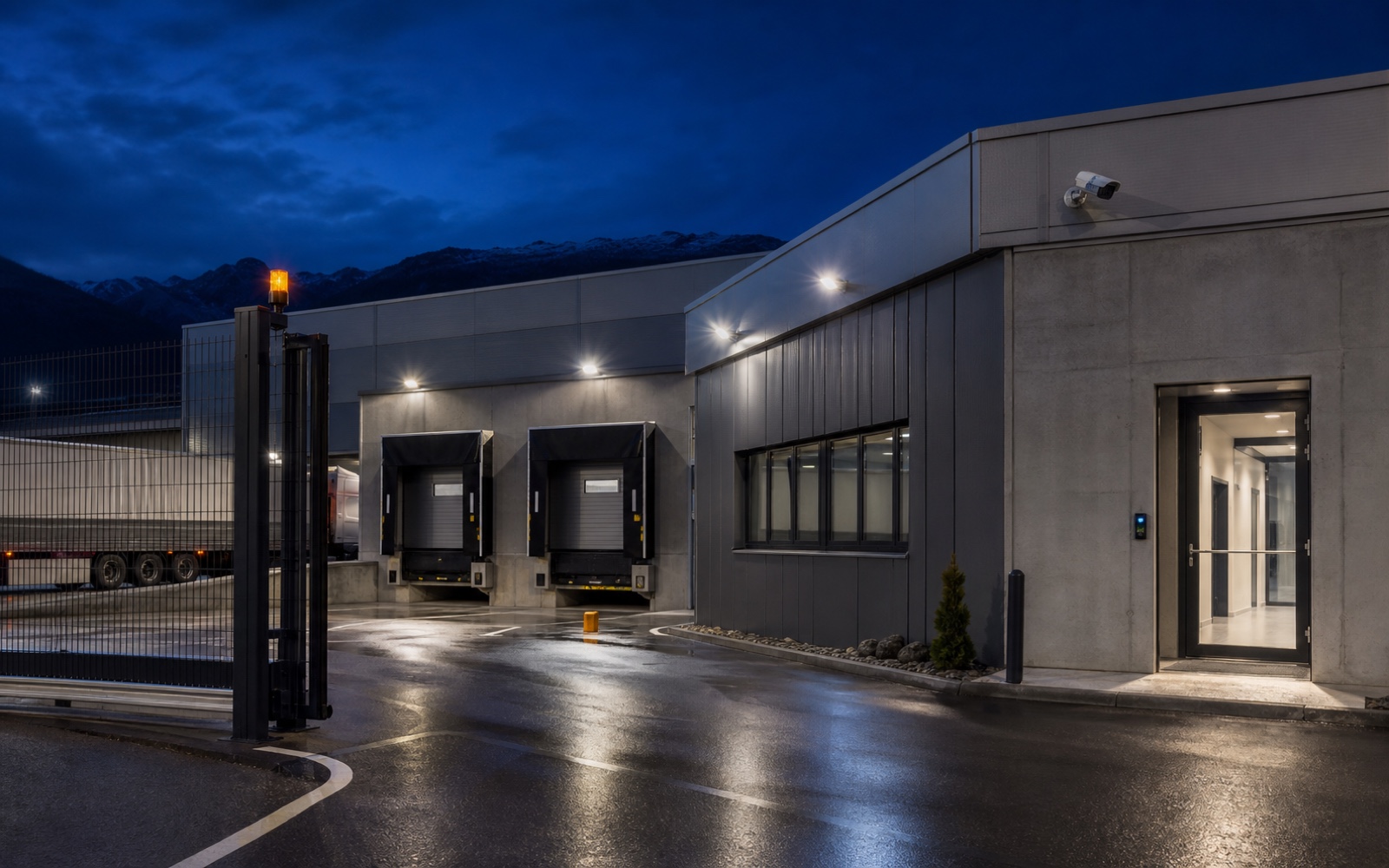 Entrepôt logistique moderne avec quais de chargement, exemple de configuration industrielle