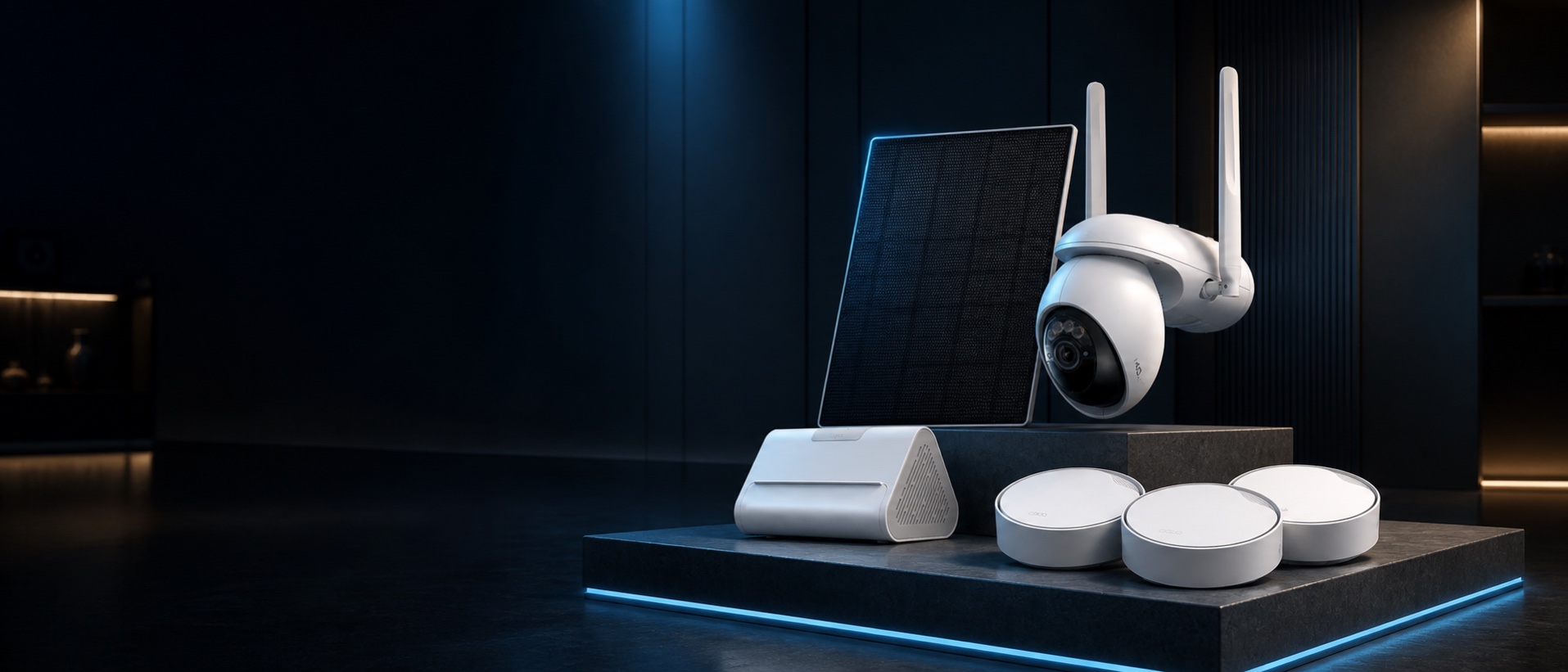 Caméra solaire Tapo, hub connecté et bornes Wi-Fi Deco présentés dans le showroom VisionSecure
